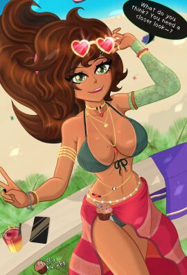 1girls alcohol alcoholic_drink balcony beach belly_chain bikini breasts brown_hair choker cocktail detached_sleeves dialogue eyewear_on_head female green_eyes heart_sunglasses jewelry large_breasts lens_flare looking_at_viewer looking_up mole mole_on_breast mole_under_eye muffin_knight muffin_knight_(artist) necklace palm_tree peace_sign ponytail smiling_at_viewer solo sunglasses swimsuit tan tan_skin tanline tanlines tanned tanned_female tanned_skin text thin thin_waist towel towel_around_waist