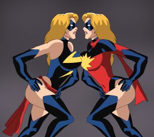 2women akiman_pose ass big_ass big_butt blonde_hair breast_contest breasts breasts_pressed_together carol_danvers female fully_clothed glaring hand_on_hip karla_sofen looking_at_another marvel marvel_comics masked_female ms._marvel ms._marvel_(carol_danvers) superheroine supervillainess the_avengers:_earth's_mightiest_heroes webart20