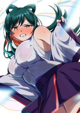 azuma_himari_(mato_seihei_no_slave) blue_hair breasts female mato_seihei_no_slave medium_breasts pleated_skirt sweat sweating thighs yamada_otonari yellow_eyes