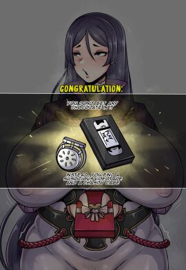 1girls areolae big_breasts blush breasts chastity_cage chastity_device chocolate clothing cuckold english_text fate/grand_order fate_(series) female gigantic_breasts huge_breasts large_breasts long_hair massive_breasts minamoto_no_raikou_(fate/grand_order) nipples pubic_hair purple_hair see-through see-through_clothing tapeworm_(artist) venus_body