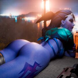 1girls 3d ass blizzard_entertainment bottomless female female_focus female_only hexencraft large_ass looking_at_viewer looking_back nude overwatch overwatch_2 presenting presenting_ass widowmaker yellow_eyes