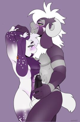 anthro balls bedroom_eyes blush blush_lines bodily_fluids bovid caprine cum cum_drip curled_horn curved_horn dicks_touching dripping duo ear_piercing ear_ring erection frottage fur genital_fluids genitals goat grey_body grey_fur hair half-closed_eyes hi_res horn humanoid_genitalia humanoid_penis lagomorph leporid male male/male mammal markus_devore narrowed_eyes nude penile penis piercing purple_background purple_hair rabbit ring_piercing seductive sex simple_background smile smirk smug smug_face smug_grin sparkibarki tongue tongue_out white_body white_fur white_hair