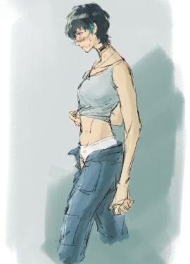 abs cinnabar_(path_to_nowhere) clothed clothes clothing female hakson777 kiss_mark necklace panties pants pants_unzipped path_to_nowhere shirt shirt_lift shirt_up stripping unzipped