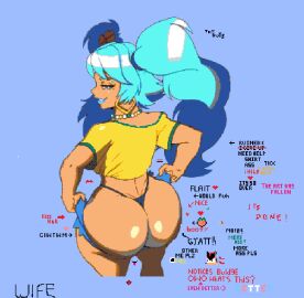 1girls ass big_ass blue_hair blue_lipstick brazilian_miku bubble_butt female flait hatsune_miku highres jean_shorts mooning peach_(fruit) pixel pixel_art shadow_the_hedgehog shorts shorts_down tan_body tan_skin thong wplace