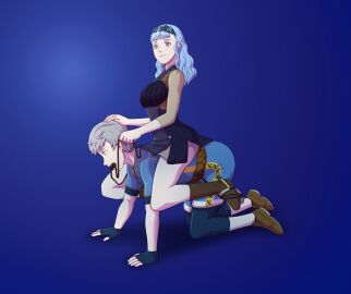 1boy 1girls absurdres all_fours alternate_costume alternate_hairstyle ashe_ubert bdsm bit_gag blue_hair breasts female femdom fire_emblem fire_emblem:_three_houses fire_emblem_warriors:_three_hopes gag gagged highres horseback_riding male malesub marianne_von_edmund medium_breasts nintendo official_alternate_hairstyle petplay ponyplay reins ridalred riding roleplay sitting sitting_on_person spurs