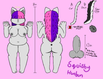 anthro anus ass belly big_ass big_breasts big_butt breasts female futanari grey_body hair hair_over_eyes hi_res humanoid intersex knot mammal mephitid model_sheet overweight pink_hair puffy_anus purple_hair reference_image skunk solo squishy_(squishyskunk) squishyskunk