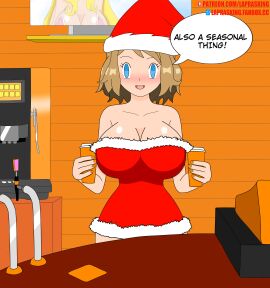 1girls blue_eyes blush breast_expansion breast_growth breast_growth_(enlargement) breasts brown_hair christmas christmas_clothing christmas_hat coffee female happy_trance hat hoothoot hoothoots hypnosis hypnotic_eyes laprasking looking_at_viewer pokemon pokemon_(anime) serena_(pokemon) starbucks text tv