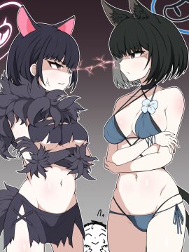 1boy 2girls anger_vein angry angry_expression angry_face animal_ears bar_censor bikini black_hair black_nails blue_archive breasts cat_ears cat_girl cat_tail catfight catmito1412 doodle_sensei_(blue_archive) female halo highres kazusa_(blue_archive) kikyou_(blue_archive) looking_at_another male medium_breasts multiple_females multiple_girls sensei_(blue_archive) short_hair staredown yuri