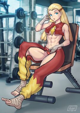 5_fingers 5_toes abs baggy_pants bandage blaziken blonde_hair blurry_background breasts clothes clothing exercise female female_only fit fit_female game_freak gen_3_pokemon gijinka hi_res highres humanized humanized_pokemon looking_at_viewer nintendo pokemon pokemon_(species) redjet solo thong underboob weight_bench weights zipper zipper_down