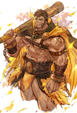 1boy abs aura bara barbarian beard beefy belt big_areola big_breasts big_hands bracelet breasts brown_clothing brown_eyes brown_hair cape chains daddy dilf fur_clothing heracles_(tokyo_afterschool_summoners) hi_res holding_object holding_stick holding_weapon leaves loincloth looking_up male male_only mature_male muscles muscular muscular_arms muscular_legs muscular_male muscular_thighs necklace nikism pecs pelvic_curtain scar scar_on_arm scar_on_chest scar_on_face scar_on_leg scar_on_stomach scars_all_over short_hair sideburns simple_background six_pack skimpy smile sousuke000 standing taped_wrists thick thick_arms thick_eyebrows thick_thighs tokyo_afterschool_summoners tough_guy v-shaped_eyebrows veiny_arms veiny_hands veiny_muscles very_high_resolution yaoi yellow_clothing