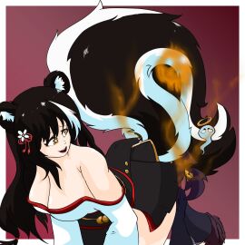 1girls 1other ambiguous_gender ass_in_face azur_lane black_hair breasts cleavage color colored eproctophillia face_in_ass fart fart_fetish farting farting_on_face female flower_in_hair huge_tail imminent_fart japanese_clothes kimono kita-kita-kitsune large_breasts long_hair looking_at_another looking_pleasured naganami_(azur_lane) red red_background skull skunk_ears skunk_girl skunk_tail yellow_eyes