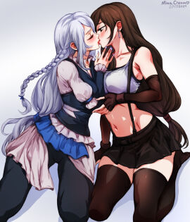 2024 2girls black_hair brown-haired_female brown_hair closed_eyes clothed dated female female_only final_fantasy final_fantasy_vii final_fantasy_xvi jill_warrick kissing lesbian_kiss minacream skirt thighhighs tifa_lockhart white-haired_female white_hair yuri zettai_ryouiki