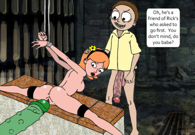 1girls 2boys bondage english_text female gigantic_penis imminent_rape jessica_(rick_and_morty) male monster morty_smith penis rick_and_morty sbb speech_bubble