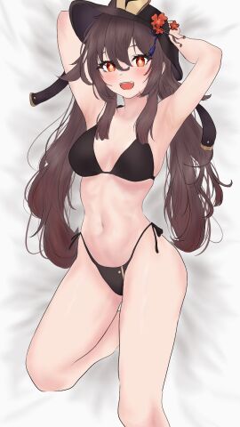 1girls artist_request ass bikini bikini_bottom bikini_bottom_only bikini_only bikini_top bikini_top_only brown_hair female female_only genshin_impact hat hat_only hu_tao_(genshin_impact) long_hair solo solo_female solo_only wearing_hat