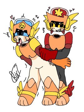 1boy 1girls blue_eyes brawl_stars brother_and_sister female flat_chest hat hetero highres incest larry_(brawl_stars) lawrie_(brawl_stars) light-skinned_female light_skin male male/female male_on_female robot robot_boy robot_girl twincest twins yellow_eyes