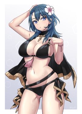1girls alternate_costume arm_up ass_visible_through_thighs bikini black_bikini black_cape black_swimsuit blue_eyes blue_hair breasts byleth_(fire_emblem) byleth_(fire_emblem)_(female) cape cleavage commentary cowboy_shot female female_only fire_emblem fire_emblem:_three_houses fire_emblem_heroes flower hair_flower hair_ornament hand_up large_breasts long_hair navel nintendo official_alternate_costume shinae solo standing stomach swimsuit teal_hair thighs