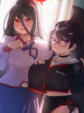 2girls bakemonogatari black_hair blue_archive female female_only glasses halo hanekawa_tsubasa hasumi_(blue_archive) light-skinned_female light_skin monogatari_(series) multiple_females multiple_girls otawan outfit_swap school_uniform tagme trinity_general_school_logo_(blue_archive)
