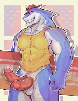 2_penises absurd_res anthro balls biped clothing digital_drawing_(artwork) digital_media_(artwork) diphallia diphallism epic_games erection eyewear fish fortnite fujsan13 genitals glans hat headgear headwear hi_res male male_only marine multi_genitalia multi_penis muscular muscular_anthro muscular_male penis safety_first_steve shark solo standing sunglasses surfboard teeth