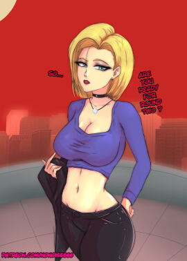 1girls android_18 big_breasts blonde_hair blue_eyes breasts cleavage cosplay dragon_ball dragon_ball_super dragon_ball_z female female_only marvel marvel_comics mary_jane_watson mary_jane_watson_(cosplay) midriff milf nonoise666 self_upload short_hair spider-man_(series)