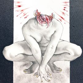 bleeding blood_splatter breasts commentary_request completely_nude facing_viewer female full_body gore guro highres injury long_tongue meimaro nude original painting_(medium) small_breasts solo squatting teeth tongue tongue_out traditional_media yellow_nails