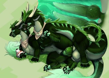 2_penises anal anal_sex animal_genitalia animal_vulva balls canine_genitalia canine_vulva claws dragon duo erection female feral fur furred_dragon furred_scalie genitals grass green_body green_claws green_eyes green_fur green_knot green_mane green_pawpads green_penis green_tongue green_vulva hi_res horn kelniferion knot male male/female mane multi_genitalia multi_penis mythological_creature mythological_scalie mythology pawpads penetration penis plant scalie selfcest sheath square_crossover sycamore_(wanishi) tongue vaginal_penetration vulva whiskers