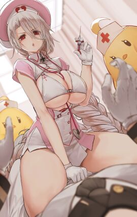 1boy 1girls azur_lane between_breasts bikini bikini_top_only bird blurry blurry_background blurry_foreground braid breasts chick commander_(azur_lane) cowgirl_position cross curtains dishwasher1910 dress eyelashes female gloves hair_between_eyes hand_up hands_up hat highres holding holding_syringe indoors iron_blood_(azur_lane) iron_cross large_breasts light-skinned_female light-skinned_male light_skin long_hair looking_at_viewer male male_pov manjuu_(azur_lane) mole mole_under_eye nurse nurse_cap parted_bangs patreon_username pink_dress pink_hat pov prinz_heinrich_(azur_lane) red_eyes short_sleeves sitting sitting_on_person skindentation stethoscope stethoscope_between_breasts straight swimsuit syringe thighs underboob v-shaped_eyebrows very_long_hair white_bikini white_dress white_gloves