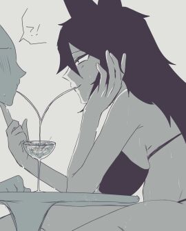 1boy 1girls animal_ears anon bikini bikini_top drinking drinking_straw female female_only finger_under_chin fundamental_paper_education kemonomimi looking_at_another male meee00m miss_circle miss_circle_(fundamental_paper_education) naughty_face nervous swimsuit swimwear tagme tagme_(artist)