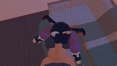 bat bat_wings blowjob demithefemboy05 enjoying femboy glasses gloves happy male purple_hair purpliep_(rec_room) rec_room rec_room_avatar room