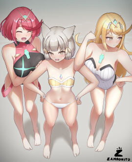 3girls bare_legs big_breasts bikini blonde_hair breasts chest_jewel core_crystal english_commentary female grey_hair highres jpeg large_breasts multiple_females multiple_girls mythra nia one-piece_swimsuit pyra red_hair ribbed_swimsuit small_breasts standing strapless strapless_one-piece_swimsuit swimsuit tiara two-tone_swimsuit xenoblade_(series) xenoblade_chronicles_2 zambonito