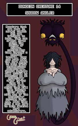 2d 2girls angler big_breasts breasts character_profile character_sheet clothed clothed_female clothing covered_eyes english_text eyes_covered female grin guavagrunt hanging_breasts hanging_from_ceiling huge_breasts lure mimic monster monster_girl nipples nipples_visible_through_clothing nude nude_female original scary scary_face shadow shadow_creature simple_background smile text torn_clothes yellow_eyes yellow_nipples