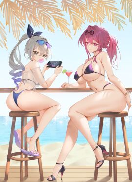2girls absurdres ass bikini blue_nails blue_sky blue_toenails bracelet breasts bubble cellphone chewing_gum cocktail_glass cup day drinking_glass eyewear_on_head female grey_eyes grey_hair highres holding holding_phone honkai:_star_rail honkai_(series) jewelry kafka_(honkai:_star_rail) large_breasts medium_breasts multiple_females multiple_girls nail_polish painted_nails painted_toenails phone ponytail purple_eyes purple_hair red_nails red_toenails rhythm_games sandals silver_wolf_(honkai:_star_rail) sitting sky smartphone stool swimsuit toenail_polish zzo_(chorizzzzo)