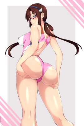 ass breasts female glasses large_breasts lindaroze mari_illustrious_makinami neon_genesis_evangelion nipples nipples_visible_through_clothing pussy pussy_visible_through_clothes rebuild_of_evangelion spread_ass swimsuit tagme