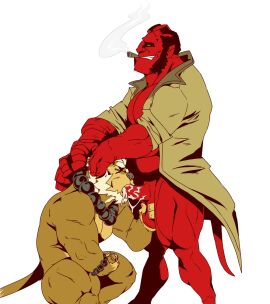anthro artist_request balls bara blowjob boner bottomless cum cum_in_mouth demon erection facial_hair furry gay hellboy hellboy_(series) male male_only muscles muscular nude oral orgasm pantsless penis sideburns yaoi