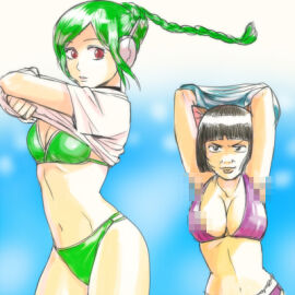 1:1 2girls 3mm android arms_up bikini black_hair bob_cut braid braided_hair breasts cat_ears cat_girl catgirl catherine_(gintama) censored cleavage female female_only gintama green_bikini green_hair headphones humor mosaic_censoring red_eyes robot_girl shirt_lift single_braid small_breasts tama_(gintama) ugly_female undressing
