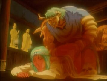 1990s_(style) 1992 1boy 1girls alecto_(urotsukidouji) animated blue_eyes buju_(urotsukidouji) censored circlet closed_eyes dark-skinned_female dark_skin doggy_style dress fangs female green_hair half-demon halter_dress halterneck horns jewelry long_hair lowres male muscular muscular_male necklace princess retro_artstyle scar sex sex_from_behind sidelocks straight tagme temple urotsukidouji warrior