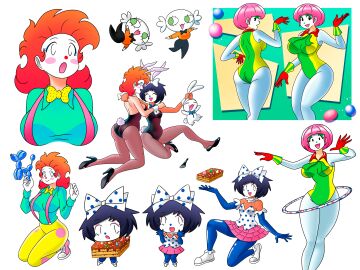 2d aesthetic big_breasts bow breasts bunnysuit chupetina clothing clown clown_girl clowncore fake_animal_ears fake_animal_tail female granelina las_golosinas makeup marisol_(monociclo_art) monociclo_art multiple_females multiple_girls peruvian_female playboy_bunny serpentina_(monociclo_art) simple_background turron turrón_de_doña_pepa white_background