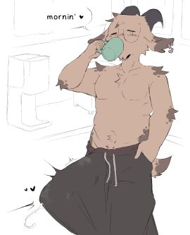1boy 2024 5_fingers anthro arm_tuft beverage big_penis blush blush_lines bodily_fluids body_hair bottomwear bovid brown_body brown_fur caprine casey_(clementyne) casual_erection casual_exposure cheek_tuft chest_tuft clementyne clothing coffee coffee_mug colored dialogue drinking dripping ear_piercing ear_ring elbow_tuft english_text erection erection_under_bottomwear erection_under_clothing facial_tuft fingers fur genital_fluids genitals goat grey_sweatpants hair half-closed_eyes hand_in_pocket happy_trail heart_symbol hi_res horn huge_cock kitchen leaking_precum male male_focus male_only mammal markings morning_wood musk musk_clouds narrowed_eyes one_eye_closed original pajama_pants pants pants_only penis piercing pockets precum precum_drip precum_string precum_through_clothing presenting presenting_penis pubes ring_piercing shirtless shirtless_male short_hair shoulder_tuft simple_background slightly_chubby slightly_chubby_male solo speech_bubble spots spotted_body spotted_fur standing sweatpants teasing teasing_viewer tenting text throbbing throbbing_penis tuft wet wet_clothing white_background