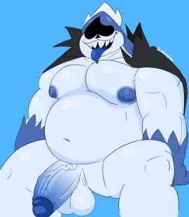 2025 absurd_res artist_name balls belly big_balls big_belly big_muscles big_nipples big_pecs big_penis blue_background blue_clothing blue_gloves blue_handwear blue_nipples blue_penis bottomless clothed clothing colored darkner deltarune digital_drawing_(artwork) digital_media_(artwork) erection genitals glans glistening glistening_body glistening_genitalia gloves grin handwear hi_res huge_cock humanoid humanoid_genitalia king_spade male musclegut muscular muscular_male navel nipples nude pecs penis sharp_teeth simple_background sitting smile solo teeth teeth_showing text tongue tongue_out tsarapkaaa undertale_(series) vein veiny_penis white_body