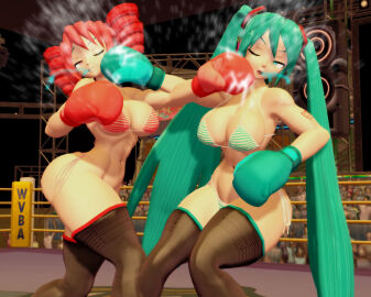 2girls 3d 3d_(artwork) arena big_breasts big_thighs bikini blue_eyes blue_hair boxing boxing_gloves boxing_ring breasts cross_counter curvy drill_hair duo female female_focus female_only fight fighting fighting_ring gloves hatsune_miku josugomezofficialnew kabalmystic_(style) kasane_teto large_breasts light-skinned_female light_skin long_hair mikumikudance mmd punch punching punching_face red_boxing_gloves red_eyes red_gloves red_hair ryona striped_bikini teal_boxing_gloves teal_gloves thick thick_hips thick_thighs thighs twintails utau vocaloid wide_hips