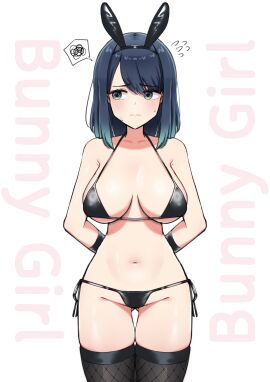 arms_behind_back ass_visible_through_thighs bare_arms bare_belly bare_shoulders belly_button big_breasts bikini black_bikini black_thighhighs blue_eyes blue_hair blush bondage breasts bunny_ears cleavage closed_mouth collarbone female female_only fishnet_thighhighs fishnets groin kurokawa_akane lowleg_panties medium_hair micro_bikini oshi_no_ko revealing_clothes side-tie_bikini_bottom sideboob skindentation spammayo stockings sweat sweatdrop thigh_gap thighhighs thighs underboob zettai_ryouiki