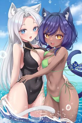 big_breasts blue_eyes breasts cat_ears cat_girl cat_tail catgirl cleavage dark_skin didbox female light-skinned_female light_skin noose ocean small_breasts solek_x solga swimsuit water yellow_eyes youtube