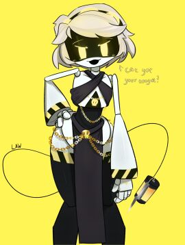 1girls black_stockings blush dress female female_only glitch_productions hand_on_hip lawgx murder_drones open_mouth robot robot_girl short_hair stockings tagme thick_thighs v_(murder_drones) wide_hips yellow_background