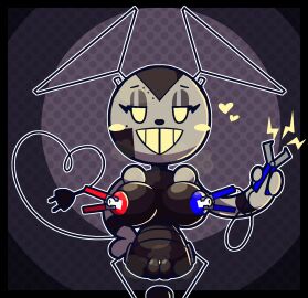 2024 2_antennae alien antennae_(anatomy) anthro arm_markings bedroom_eyes big_breasts black_antennae black_border black_breasts black_markings black_nose black_pussy black_stripes blue_nipples blush blush_stickers bolt_(fastener) bolt_emanata border breasts cable_tail clitoris clothes_hanger digital_drawing_(artwork) digital_media_(artwork) dotted_background ele_chan eleking emanata eyelashes female genitals glistening glistening_eyelids glistening_genitalia glistening_nipples glistening_pussy grey_arms grey_background grey_body grey_clitoris grey_eyelids grey_inner_pussy hand_on_hip hand_on_own_hip hands_on_hips hands_on_own_hips head_markings hi_res holding_object humanoid_genitalia humanoid_pussy kaiju looking_at_viewer machine markings mismatched_nipples narrowed_eyes nipples outline pattern_background puffy_pussy pussy red_nipples robo_ele robot robot_anthro seductive simple_background smile solo standing striped_arms striped_markings stripes tan_blush tan_eyes tan_heart tan_teeth teeth text ultraman_(series) white_outline zaldenvire