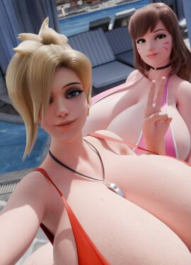 2girls 3d 3d_(artwork) andi3dz angela_ziegler asian asian_female big_breasts blizzard_entertainment blonde-haired_female blonde_female blonde_hair breasts brown-haired_female brown_hair brunette_hair d.va european european_female female female_focus female_only hana_song huge_boobs huge_breasts korean korean_female light-skinned_female light_skin mercy multiple_females multiple_girls overwatch overwatch_2 pool poolside scrag_d.va selfie swimsuit swimwear voluptuous x_angel3