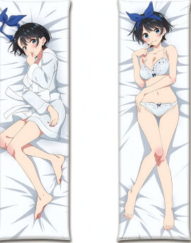 bare_arms bare_belly bare_legs bare_shoulders bare_thighs barefoot bathrobe bed_sheet belly_button big_breasts black_hair blue_eyes blush bra breasts cleavage collarbone dakimakura dakimakura_design feet female kanojo_okarishimasu knee_blush lying mouth_closed official_art open_mouth panties ribbon sarashina_ruka short_hair smile thighs toes underwear underwear_only white_bra white_panties white_underwear