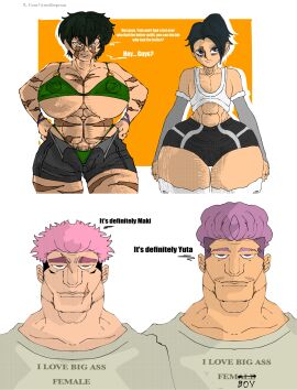1girls 3boys ass big_ass big_belly big_breasts big_butt big_nipples big_thighs bikini black_hair breasts color colored dialogue english_text fat_ass female femboy green_hair hairy_pussy hakari_kinji huge_ass huge_breasts huge_butt huge_thighs humor itadori_yuuji jujutsu_kaisen kunaboto_(style) male melletprout meme pants_down pubic_hair purple_hair pussy scar shorts stockings text thick_thighs thongs venus_body yuta_okkotsu zenin_maki