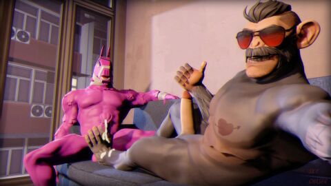 16:9 3d anthro ape balls beard bodily_fluids camelid camera chromatic_aberration cum digital_media_(artwork) duo epic_games eyewear facial_hair feet foot_fetish foot_play footjob fortnite genital_fluids genitals gesture glasses hand_gesture haplorhine hi_res j.b._chimpanski llama lt._john_llama male male/male mammal muscular penis primate sex sky_chaser smile source_filmmaker_(artwork) tattoo thumbs_up widescreen