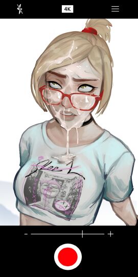 1girls andavaverse blank_background choker crop_top cum cum_dripping_from_chin cum_on_face cum_on_glasses cum_on_hair cum_on_shirt darcy_redd facial fanart female female_only glasses looking_up nerd nerdy_female phone phone_camera phone_screen red_glasses solo solo_female tagme thatfacialguy white_background white_crop_top