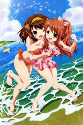 3girls ahoge asahina_mikuru barefoot beach bikini blush bow breasts brown_hair comp_h's day feet female glomp grabbing_another's_breast groping hair_ornament hairband hairbow highres hug ikeda_shouko legs long_hair medium_breasts multiple_females multiple_girls nagato_yuki ocean official_art one-piece_swimsuit one_eye_closed open_mouth orange_hair outdoors pink_bow polka_dot polka_dot_swimsuit ponytail purple_hair ribbon short_hair suzumiya_haruhi suzumiya_haruhi_no_yuuutsu swimsuit toes very_long_hair water yuri
