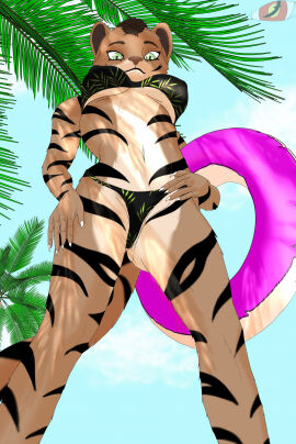 beach bikibi blackreaper_bk201 female frog_perspective green_eyes khajiit knuddelt_bren looking_down looking_towards_the_viewer palm_tree pov sky stripes swinmming_ring the_elderscrolls